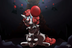 Size: 1280x854 | Tagged: safe, artist:littletigressda, derpibooru import, oc, earth pony, pony, balloon, crossover, it, pennywise, sewer, solo