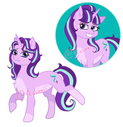 Size: 2206x2267 | Tagged: safe, artist:ponyrasmeii, derpibooru import, starlight glimmer, pony, unicorn, before and after, coat markings, fake smile, fluffy, nextgen:rasmeiiverse, redesign, simple background, smiling, socks (coat marking), underbelly, watermark, white background