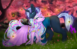 Size: 1280x812 | Tagged: safe, artist:copshop, derpibooru import, oc, oc only, pony, clothes, dress, female, male, mare, stallion, uicorn