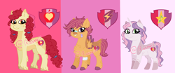 Size: 1750x725 | Tagged: safe, artist:ponyrasmeii, derpibooru import, apple bloom, scootaloo, sweetie belle, earth pony, pegasus, pony, unicorn, bandage, bandaid, bow, chest fluff, coat markings, cutie mark crusaders, cutie mark redesign, disabled, female, filly, hair bow, painted hooves, pigtails, redesign, simple background, size difference, socks (coat marking), underbelly