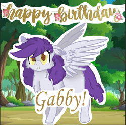 Size: 512x508 | Tagged: safe, artist:i swear on the river styx, derpibooru import, oc, oc only, oc:gabriel, bat pony, pegasus, pony, birthday, birthday art, female, forest, text