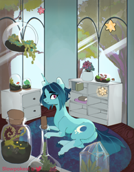 Size: 2000x2561 | Tagged: safe, artist:slowpoke, derpibooru import, oc, oc only, oc:moon drop, pony, unicorn, book, mushroom, plant, solo, terrarium, tree