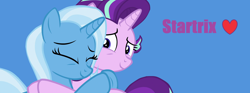 Size: 2688x1002 | Tagged: safe, artist:twilyisbestpone, derpibooru exclusive, derpibooru import, starlight glimmer, trixie, pony, unicorn, blue background, cute, diatrixes, eyes closed, female, glimmerbetes, heart, hug, lesbian, mare, shipping, simple background, startrix