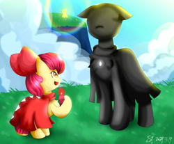 Size: 1463x1210 | Tagged: safe, artist:starflashing twinkle, derpibooru import, apple bloom, earth pony, bowknot, candle, candlelight, cape, clothes, cloud, cute, fire, grass, open mouth, sky, sky:children of the light, sunlight