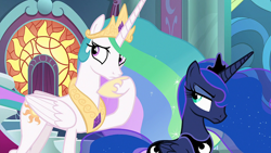 Size: 1920x1080 | Tagged: safe, derpibooru import, screencap, princess celestia, princess luna, alicorn, pony, sparkle's seven, crown, female, jewelry, mare, regalia, royal sisters, siblings, sisters