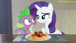 Size: 1136x640 | Tagged: safe, artist:georgegarza01, derpibooru import, rarity, spike, dragon, blushing, female, food, lady and the tramp, male, pasta, shipping, spaghetti, sparity, straight, winged spike