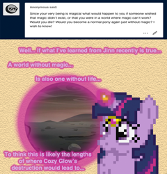 Size: 504x526 | Tagged: safe, artist:verve, derpibooru import, twilight sparkle, twilight sparkle (alicorn), alicorn, pony, alternate timeline, ashlands timeline, ask, ask genie twilight, barren, female, genie, implied genocide, magic, mare, pixel art, post-apocalyptic, solo, wasteland