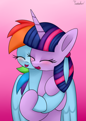 Size: 2480x3507 | Tagged: safe, artist:twidasher, derpibooru import, rainbow dash, twilight sparkle, unicorn twilight, pegasus, pony, unicorn, blushing, duo, eyes closed, feather, female, gradient background, hug, lesbian, open mouth, purple background, shipping, signature, simple background, twidash