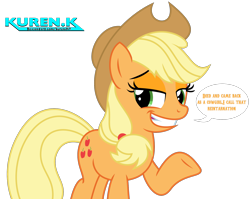 Size: 1948x1553 | Tagged: safe, artist:kuren247, derpibooru import, applejack, earth pony, cowboy hat, female, grin, hat, looking at you, mare, pun, simple background, smiling, solo, speech bubble, transparent background