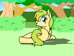 Size: 1024x768 | Tagged: safe, artist:windy breeze, derpibooru import, oc, earth pony, pony, both cutie marks, bush, butt, dock, female, kiwi (fruit), looking back, lying down, mare, on back, on side, plot, shadow, solo, tree