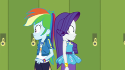 Size: 1280x720 | Tagged: safe, derpibooru import, screencap, rainbow dash, rarity, best trends forever, best trends forever: rainbow dash, better together, equestria girls, back to back, bracelet, clothes, cutie mark, cutie mark on clothes, duo, duo female, female, geode of shielding, geode of super speed, hoodie, jewelry, lockers, magical geodes, rarity peplum dress