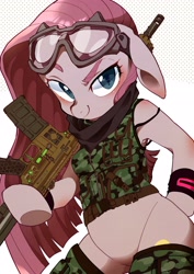 Size: 2480x3508 | Tagged: safe, artist:potetecyu_to, derpibooru import, pinkie pie, semi-anthro, bandana, camouflage, clothes, goggles, gun, looking at you, pinkamena diane pie, rifle, smiling, socks, solo, thigh highs, vest, weapon