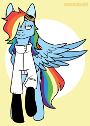 Size: 1000x1400 | Tagged: safe, artist:mechanakal, derpibooru import, rainbow dash, pegasus, pony, clothes, gloves, goggles, lab coat, lidded eyes, smiling, solo, spread wings, wings