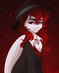 Size: 1300x1600 | Tagged: safe, artist:villjulie, derpibooru import, oc, oc only, pegasus, pony, undead, vampire, vampony, clothes, fangs, hat, pentagram, red eyes, solo, sparkles, suit