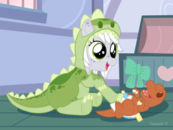 Size: 1000x750 | Tagged: safe, artist:veemonsito, derpibooru import, dinosaur, earth pony, pony, clothes, costume, diaper, diapering, earth, kigurumi, onesie, plushie, toddler