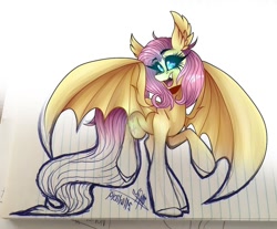 Size: 1080x894 | Tagged: safe, alternate version, artist:moshi.poni, derpibooru import, fluttershy, bat pony, pony, bat ponified, bat wings, ear fluff, ears, eyelashes, female, flutterbat, glowing eyes, lineart, lined paper, mare, open mouth, partial color, race swap, raised hoof, raised leg, signature, smiling, solo, spread wings, traditional art, wings