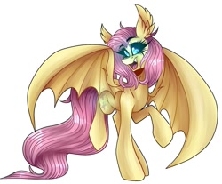Size: 1053x871 | Tagged: safe, alternate version, artist:moshi.poni, derpibooru import, fluttershy, bat pony, pony, bat ponified, bat wings, colored, ear fluff, ears, eyelashes, female, flutterbat, glowing eyes, mare, open mouth, race swap, raised hoof, raised leg, simple background, smiling, solo, white background, wings