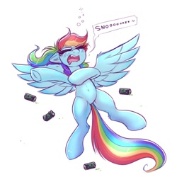 Size: 2000x2000 | Tagged: safe, artist:confetticakez, derpibooru import, rainbow dash, pegasus, pony, dialogue, energy drink, female, majestic as fuck, mare, monster energy, simple background, sleeping, snoring, solo, sugar crash, white background