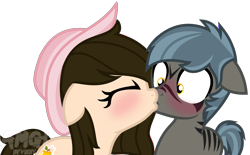 Size: 2318x1438 | Tagged: safe, artist:amgiwolf, derpibooru import, oc, oc only, oc:huny, earth pony, pony, zebra, base used, blushing, bust, colt, earth pony oc, eyelashes, eyes closed, female, filly, hat, kissing, male, simple background, straight, transparent background, wide eyes, zebra oc