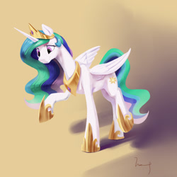 Size: 1024x1024 | Tagged: safe, artist:770418gyygy, derpibooru import, princess celestia, alicorn, pony, crown, female, jewelry, mare, raised hoof, raised leg, regalia, solo, style emulation