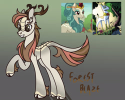 Size: 2046x1639 | Tagged: safe, artist:caramelbolt24, derpibooru import, idw, screencap, king aspen, rain shine, oc, oc:forest blaze, deer, kirin, sounds of silence, spoiler:comic27, cloven hooves, crack ship offspring, ear fluff, ears, feathered fetlocks, female, gradient background, grin, horns, interspecies offspring, kirin oc, leonine tail, male, offspring, parent:king aspen, parent:rain shine, raised hoof, raised leg, screencap reference, signature, smiling