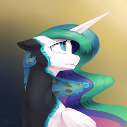 Size: 2480x2480 | Tagged: safe, artist:770418gyygy, derpibooru import, princess celestia, oc, oc:alternia, alicorn, changeling, changeling queen, pony, unicorn, disguise, disguised changeling, ears, fanfic art, female, floppy ears, gradient background, high res, mare, solo