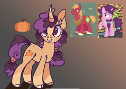 Size: 2323x1647 | Tagged: safe, artist:caramelbolt24, derpibooru import, screencap, big macintosh, sugar belle, oc, oc:pumpkin apple core, earth pony, pony, unicorn, abstract background, ear fluff, ears, female, grin, horn, male, mare, offspring, parent:big macintosh, parent:sugar belle, parents:sugarmac, raised hoof, raised leg, screencap reference, signature, smiling, stallion, unicorn oc, unshorn fetlocks, yoke