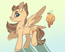 Size: 2042x1639 | Tagged: safe, artist:caramelbolt24, derpibooru import, oc, oc only, pegasus, pony, apple, chest fluff, ear fluff, ears, food, gradient background, grin, magical lesbian spawn, male, offspring, parent:applejack, parent:fluttershy, parents:appleshy, pegasus oc, raised hoof, raised leg, signature, smiling, solo, stallion, two toned wings, unshorn fetlocks, wings
