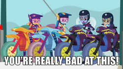 Size: 600x338 | Tagged: safe, derpibooru import, edit, edited screencap, screencap, indigo zap, rainbow dash, sugarcoat, sunset shimmer, equestria girls, friendship games, caption, cropped, female, image macro, meme, motorcross, motorcycle, reaction image, sporty style, text