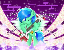 Size: 1500x1169 | Tagged: safe, artist:jadebreeze115, derpibooru import, oc, oc only, oc:jade breeze, pegasus, bipedal, blue eyes, blue hair, colored wings, colorful background, crystal, cute, ear fluff, ears, electric guitar, ethereal mane, floral pattern, floral print, flower, gradient wings, guitar, japanese, male, mountain, mountain range, musical instrument, one eye closed, open mouth, original art, patterned background, pegasus oc, rose, singing, smiling, solo, spread wings, stallion, standing, standing up, starry mane, tree branch, water, wings, wink