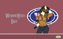 Size: 1920x1200 | Tagged: safe, derpibooru import, oc, oc:daisy pumpkin, anthro, pegasus, pony, clothes, deviantart, fingerless gloves, gloves, hoodie, pants, ponytail, solarwishbonestudios, solo, symbol, wallpaper, wearewishboneheroes, wishbone heroes, wishbonemakerstudios