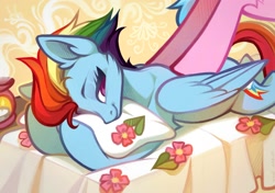 Size: 2000x1407 | Tagged: safe, artist:rrd-artist, derpibooru import, aloe, rainbow dash, earth pony, pegasus, pony, alternate hairstyle, female, female focus, flower, mare, massage, pillow, prone, relaxing, solo focus, spa