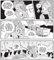 Size: 692x769 | Tagged: safe, derpibooru import, pinkie pie, earth pony, pony, my little pony: the manga, my little pony: the manga volume 2, apple, burp, butt, cart, comic, eating, female, food, lying down, mare, monochrome, on back, pinkie being pinkie, plot, stuffed, this will end in weight gain, tongue, tongue out, tree