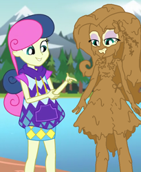 Size: 500x610 | Tagged: safe, artist:amateur-draw, derpibooru import, screencap, bon bon, fluttershy, sweetie drops, equestria girls, legend of everfree, clothes, covered in mud, dress, mud, mud bath, mud edit, show accurate, wet and messy