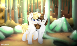 Size: 4000x2400 | Tagged: safe, artist:rivin177, derpibooru import, oc, oc:john kenza, firefly (insect), insect, pegasus, pony, unicorn, autumn, bush, couple, forest, relationship, rock, rule 63, solo, stone, tree