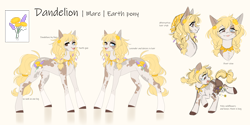 Size: 9000x4504 | Tagged: safe, artist:ohhoneybee, derpibooru import, oc, oc only, oc:dandelion, earth pony, pony, braid, female, heterochromia, mare, open mouth, piebald colouring, reference sheet, saddle bag, simple background, solo, tongue, tongue out, tooth gap, twin braids, twintails