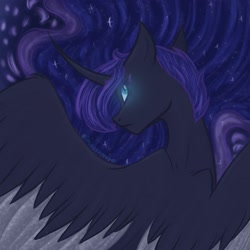 Size: 2048x2048 | Tagged: safe, artist:lunathemoongod, derpibooru import, princess luna, alicorn, pony, colored wings, female, glowing eyes, looking at you, looking back, looking back at you, looking over shoulder, mare, night, rear view, sketch, stars, wings