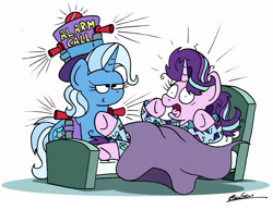 Size: 2324x1796 | Tagged: safe, artist:bobthedalek, derpibooru import, starlight glimmer, trixie, pony, unicorn, airhorn, bed, bed mane, clothes, hat, inconvenient trixie, pajamas, smug, startled, top hat