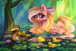 Size: 3000x2000 | Tagged: safe, artist:irinamar, derpibooru import, oc, oc only, oc:bay breeze, bird, duck, pegasus, pony, blushing, bow, cute, duckling, female, hair bow, lilypad, mare, not fluttershy, outdoors, pond, solo, swimming, tree, water