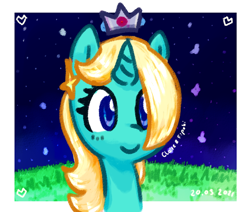 Size: 654x554 | Tagged: safe, artist:fipoki, derpibooru import, pony, unicorn, blonde, blonde mane, blue eyes, crown, galaxy, head, jewelry, looking at you, regalia, rosalina, solo, super mario bros., super mario galaxy