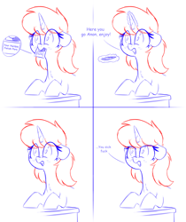 Size: 1000x1193 | Tagged: safe, artist:php111, ponybooru exclusive, oc, oc only, oc:heart drive, pony, unicorn, 4 panel comic, comic, dialogue, female, floppy disk, freckles, mare, mouth hold, ponybooru mascot, sketch, smug, solo, vulgar