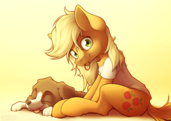 Size: 2400x1700 | Tagged: safe, artist:ohemo, applejack, winona, dog, earth pony, pony, blonde, blonde mane, blonde tail, chest fluff, clothes, cute, cutie mark, duo, eyes closed, female, green eyes, jackabetes, looking at you, loose hair, mare, morning ponies, mouth hold, sitting, smiling, tongue, tongue out, winonabetes