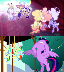 Size: 1366x1536 | Tagged: safe, artist:thegamerpainter, edit, edited screencap, screencap, rainbow dash, twilight sparkle, twilight sparkle (alicorn), alicorn, angel, pegasus, party pooped, 2 panel comic, bye, cletus (helluva boss), collin, comic, deerie, eyes closed, female, heaven, helluva boss, hooves on face, keenie, keenie (helluva boss), male, nose in the air, open mouth, ponyville, rainbow dash is not amused, spread wings, town hall