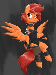 Size: 1200x1597 | Tagged: safe, artist:flutterthrash, derpibooru import, oc, oc only, pegasus, pony, choker, clothes, ear piercing, earring, flying, jewelry, piercing, solo, spiked choker, spread wings, stockings, thigh highs, unamused, wings