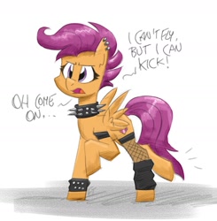 Size: 1658x1693 | Tagged: safe, artist:flutterthrash, derpibooru import, scootaloo, pegasus, pony, choker, clothes, dialogue, ear piercing, earring, fishnet stockings, jewelry, piercing, simple background, solo, spiked choker, spiked wristband, stockings, thigh highs, white background, wristband