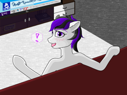 Size: 1440x1080 | Tagged: safe, artist:littleiceage, derpibooru import, oc, pony, blushing, happy, looking at you, ms paint, purple eyes, solo, television, watching tv