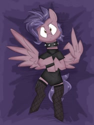 Size: 1200x1600 | Tagged: safe, artist:flutterthrash, derpibooru import, oc, oc only, oc:blindside, angry, blushing, choker, clothes, femboy, fishnet stockings, looking at you, male, middle feather, middle finger, nonbinary, shirt, solo, spiked choker, stockings, suggestive source, thigh highs, vulgar, wing hands