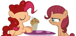 Size: 1405x673 | Tagged: safe, artist:doian, artist:strassenlaterne, derpibooru import, oc, oc only, oc:cherry sandwich, oc:jammy toast, earth pony, pony, base used, duo, female, milkshake, offspring, parent:cheese sandwich, parent:pinkie pie, parents:cheesepie, siblings, simple background, sisters, transparent background, twins