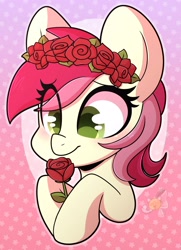 Size: 2085x2886 | Tagged: safe, artist:sakukitty, derpibooru import, roseluck, earth pony, pony, big ears, bust, cute, cuteluck, ears, floral head wreath, flower, high res, rose, smiling, solo