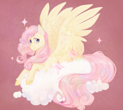 Size: 673x599 | Tagged: safe, artist:pigeorgien, derpibooru import, fluttershy, pegasus, pony, beautiful, cloud, cute, daaaaaaaaaaaw, female, figurine, large wings, laying on a cloud, long tail, lying down, mare, pop mart, prone, shyabetes, simple background, solo, sparkles, spread wings, windswept mane, wings